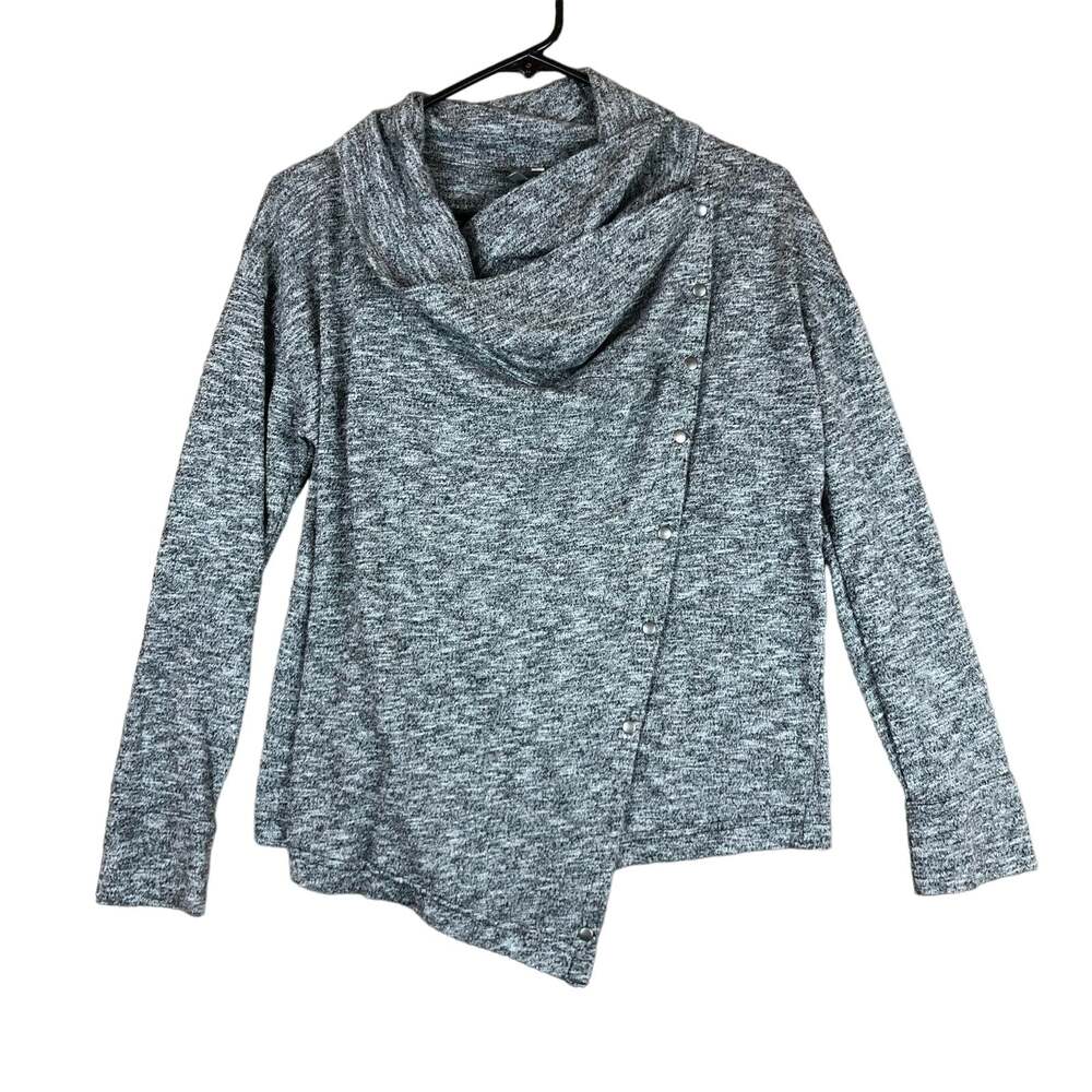Eddie Bauer Womens Sweater Gray Snap Wrap Cowl Neck Long Sleeve Shawl Small